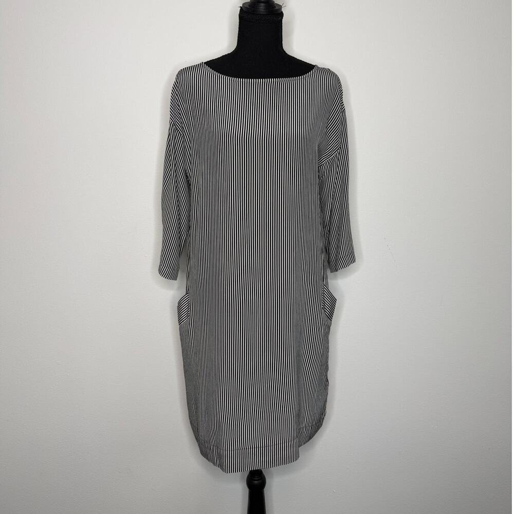 100% Silk Shift Dress Striped Minimalist Pocket Shift Tunic Black White Small